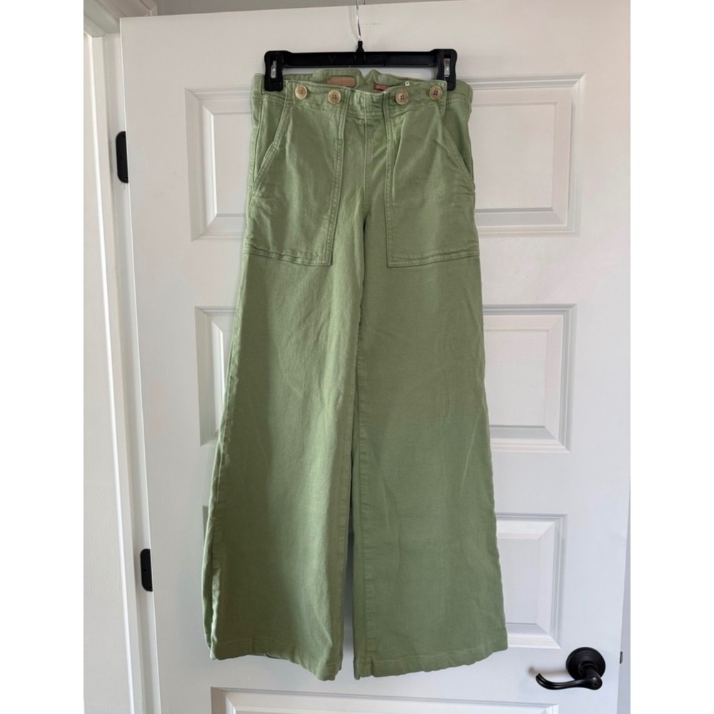 E4 Anthropologie Pilcro Sage Green Wide Leg Button Front Cinch Back Pants Sz 28 - Picture 3 of 6